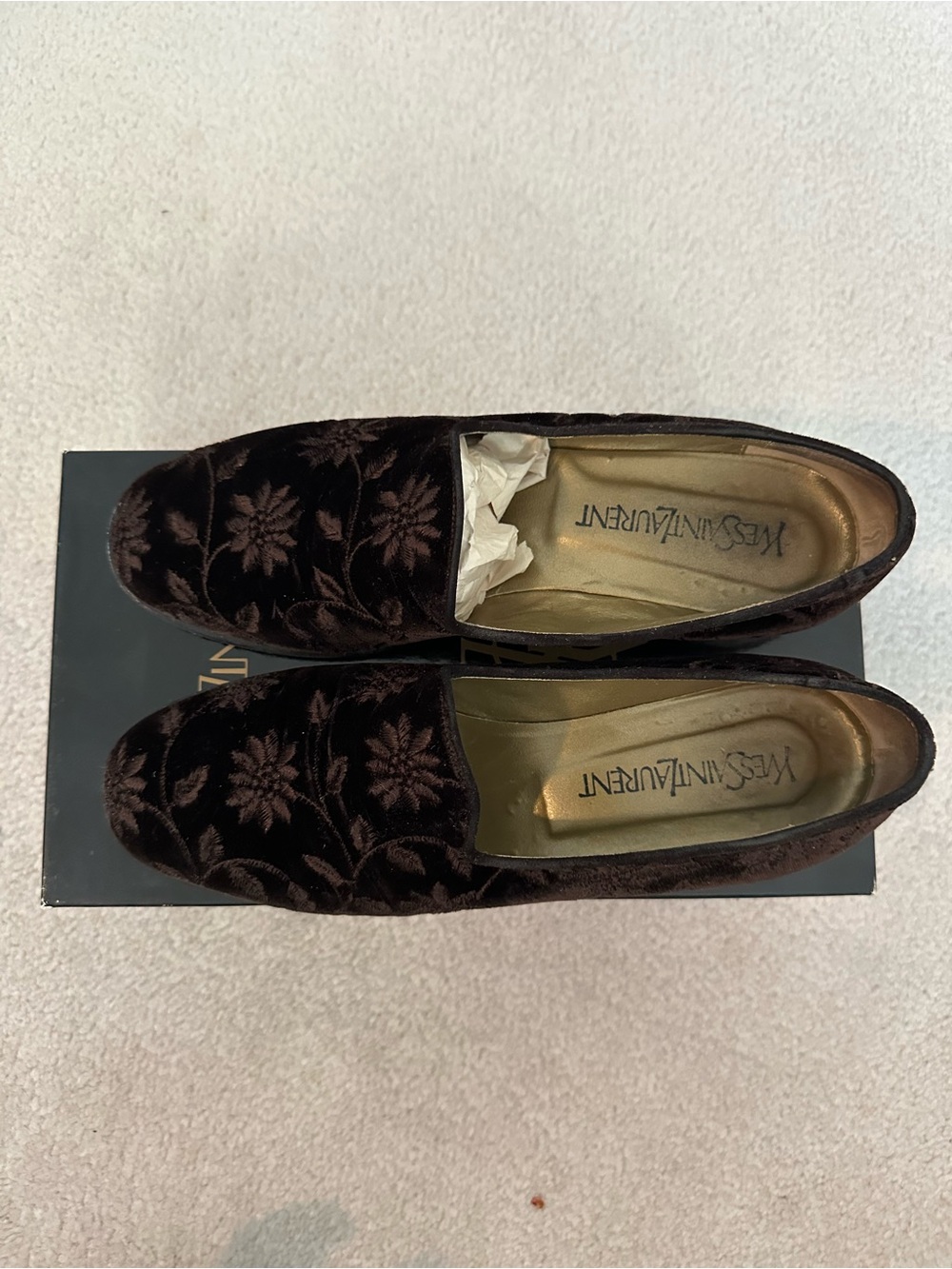 Yves Saint Laurent Dark Brown Velvet Floral Slip-On Loafers